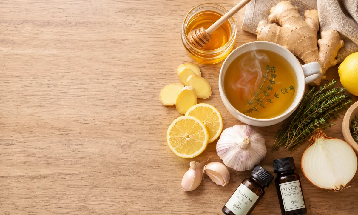 Remedios caseros para la tos: miel, jengibre, limón, ajo, cebolla, tomillo, aceites de eucalipto y una taza de té caliente con vapor sobre superficie de madera