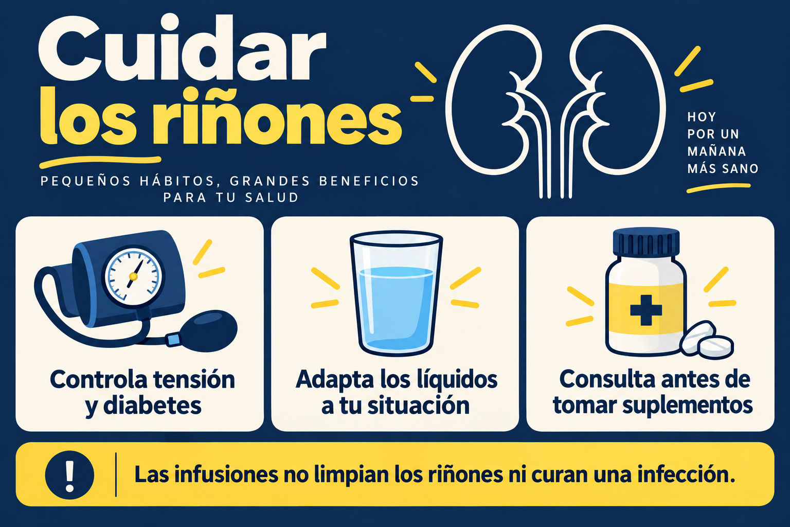 Cuidado renal: controlar tensión y diabetes, adaptar los líquidos y consultar antes de usar suplementos