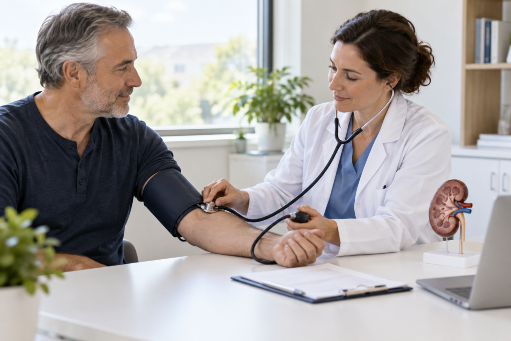 Profesional sanitaria midiendo la tensión arterial a un paciente en una consulta