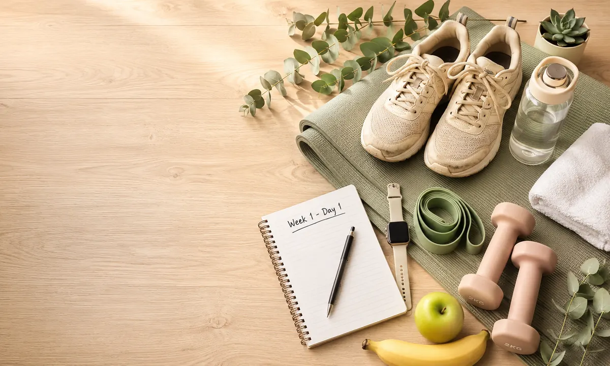 Equipo básico para empezar a hacer ejercicio físico desde cero: cuaderno con «Week 1 - Day 1», zapatillas deportivas beige, esterilla verde salvia, smartwatch, banda elástica, mancuernas de 2 kg, botella de agua, toalla, manzana y plátano sobre una mesa de madera clara