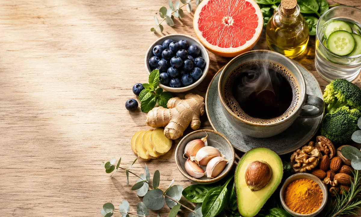 Composición de alimentos protectores para el hígado sobre una mesa de madera clara: taza humeante de café negro, arándanos, pomelo, aguacate, brócoli, ajo, jengibre, cúrcuma, nueces, almendras, aceite de oliva, espinacas y agua con pepino