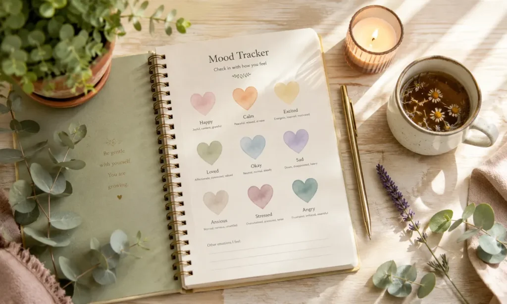 Cuaderno abierto con un mood tracker visual de 9 emociones en acuarela (happy, calm, excited, loved, okay, sad, anxious, stressed, angry) con la frase «Be gentle with yourself. You are growing.» en letras doradas, junto a una taza de manzanilla, una vela encendida, eucalipto y lavanda sobre una mesa de madera clara