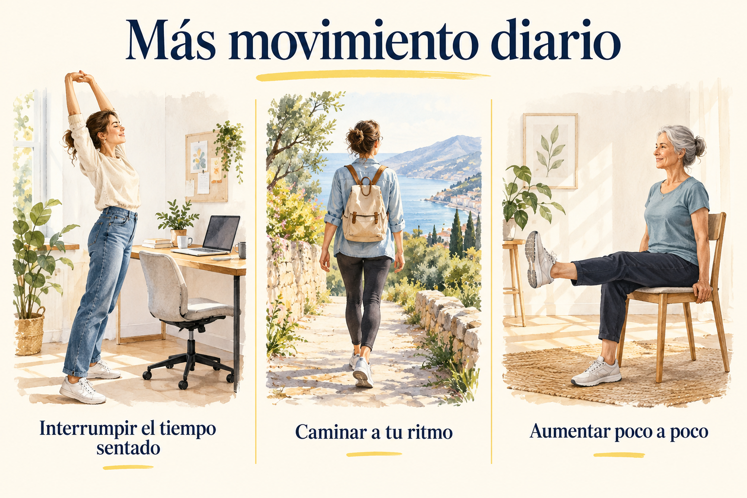 Interrumpir las horas sentado, caminar y añadir fuerza de forma gradual