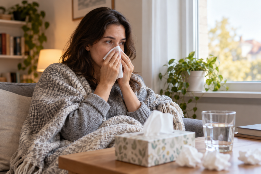 Mujer con congestión nasal descansando en casa junto a una caja de pañuelos