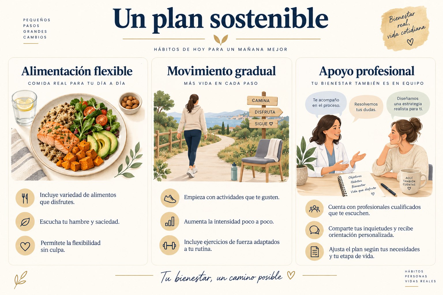 Alimentación flexible, movimiento gradual y apoyo profesional para un plan sostenible