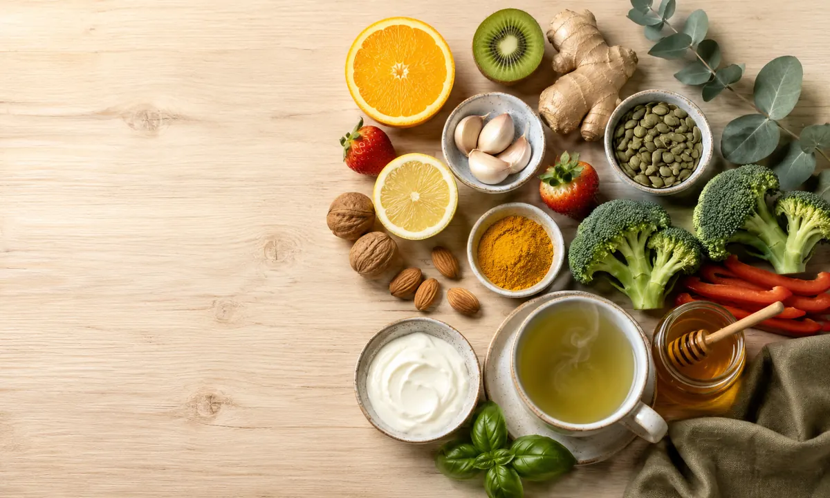 Flat lay de alimentos para subir las defensas sobre una mesa de madera clara: naranja, kiwi, limón, fresas, ajo, jengibre, cúrcuma, semillas de calabaza, brócoli, pimiento rojo, nueces, almendras, yogur natural, té verde y miel