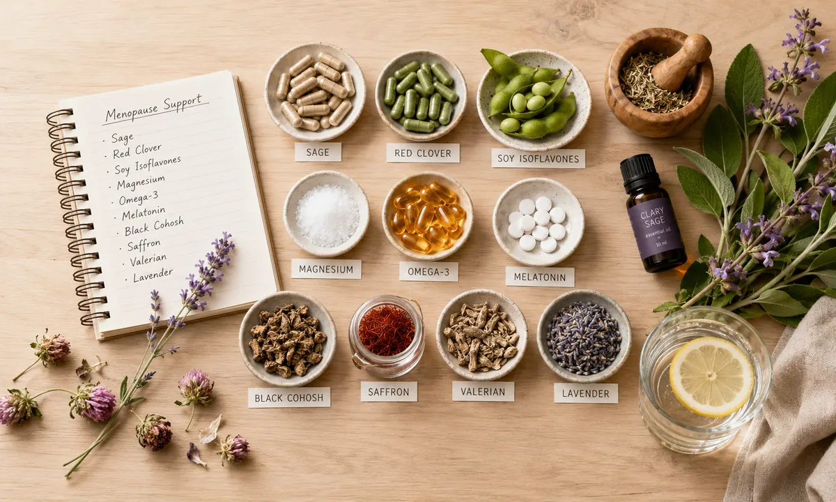 Vista cenital de los 10 suplementos naturales para la menopausia con evidencia científica: salvia, trébol rojo, isoflavonas de soja, magnesio, omega-3, melatonina, cohosh negro, azafrán, valeriana y lavanda
