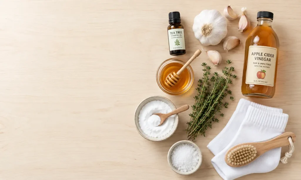 Remedios caseros para los hongos en los pies: aceite del árbol del té, ajo, vinagre de manzana, bicarbonato, sal marina, miel, tomillo, calcetines de algodón y cepillo para pies sobre madera clara