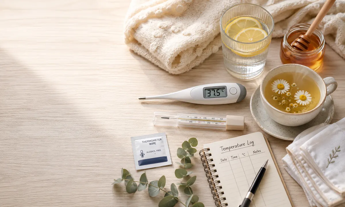 Termómetro digital mostrando 37,5°C sobre una mesa de madera clara junto a un termómetro de cristal, un cuaderno de registro de temperatura, un vaso de agua con limón, una taza de manzanilla con miel, hojas de eucalipto y toallas