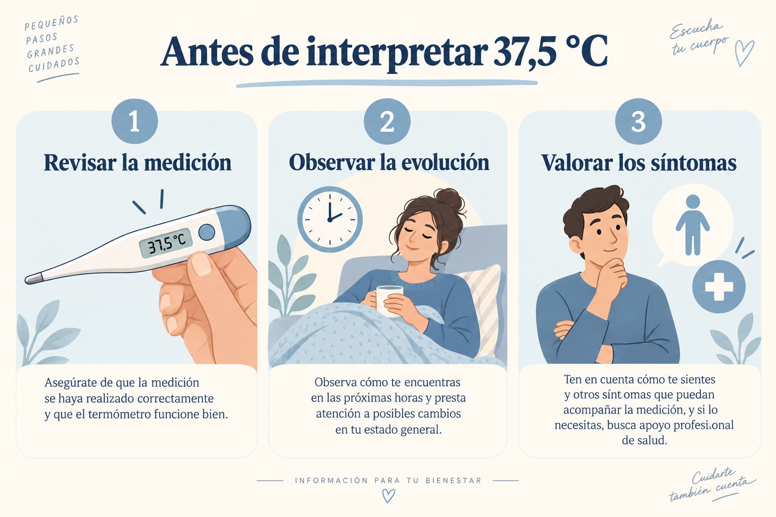 Tres pasos ante 37,5 grados: revisar la medición, observar la evolución y valorar los síntomas
