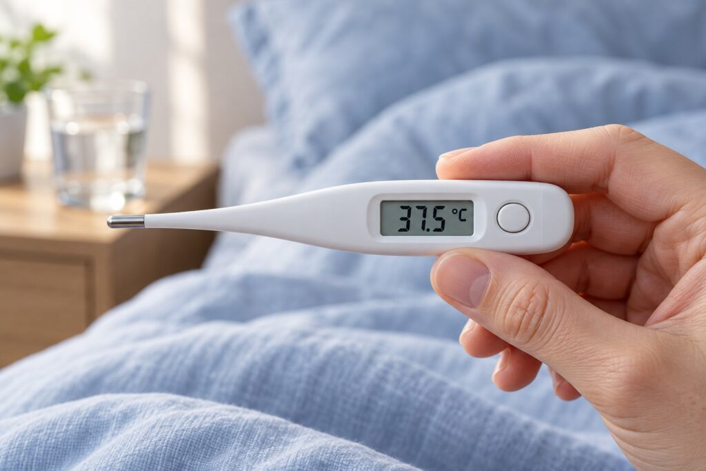 Termómetro digital con una lectura de 37,5 grados junto a una cama