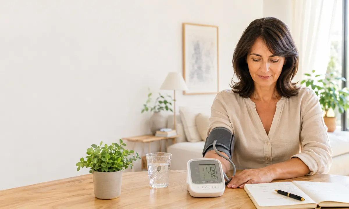 Mujer madura midiéndose la presión arterial en casa con un tensiómetro digital de brazo en una mesa de madera de su salón, mostrando valores óptimos de 118/72 mmHg