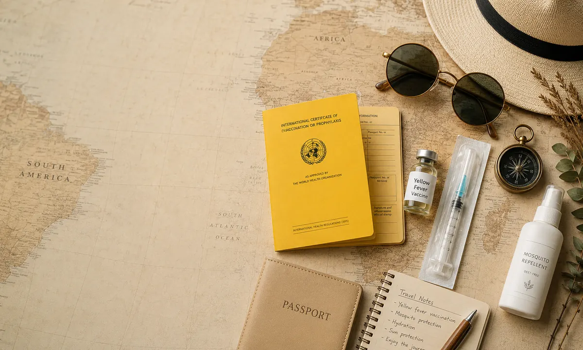 Certificado Internacional de Vacunación amarillo de la OMS junto a un vial de vacuna contra la fiebre amarilla, jeringa estéril, pasaporte, repelente antimosquitos, brújula y sombrero panama sobre un mapa vintage que muestra África y América del Sur