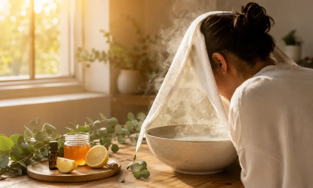 Mujer haciendo vahos con toalla sobre la cabeza inclinada sobre cuenco con agua caliente, eucalipto, miel y limón — remedios caseros para la sinusitis