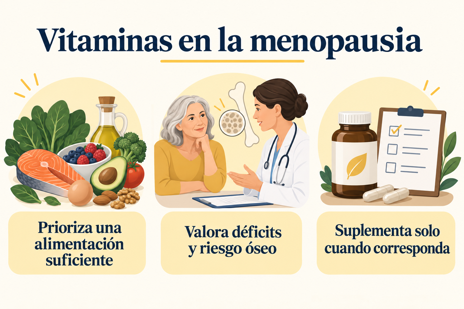 Vitamina D, B12 y calcio: guía de alimentación y suplementos durante la menopausia