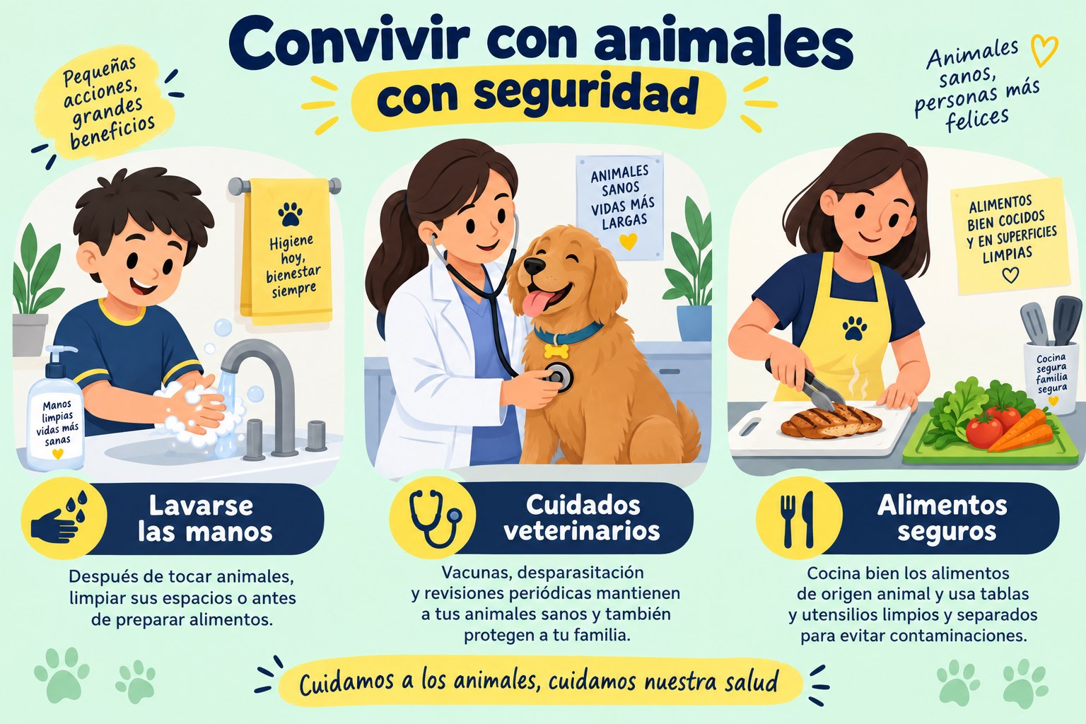 Prevención de zoonosis mediante lavado de manos, cuidados veterinarios y alimentos seguros