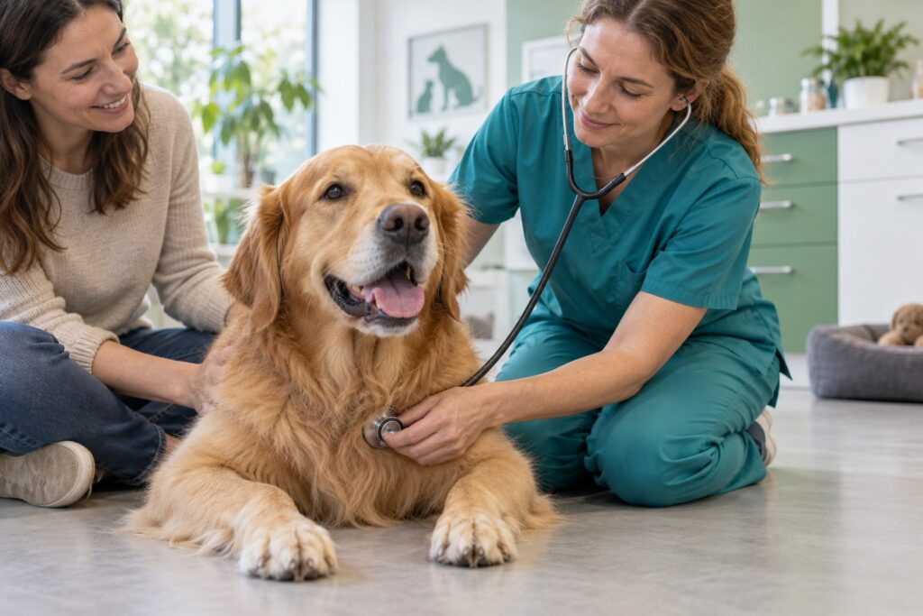 Veterinaria revisando a un perro acompañado por su cuidador
