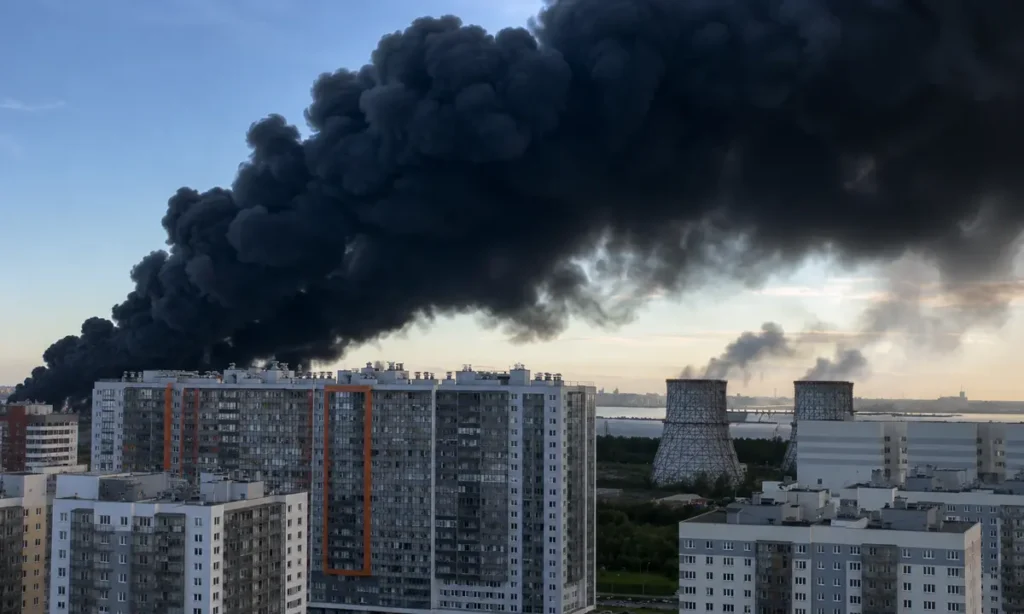 Humo negro sobre una ciudad tras un ataque con drones cerca de San Petersburgo