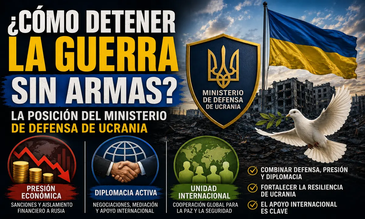 Bandera de Ucrania, símbolo del Ministerio de Defensa y paloma de la paz sobre ciudad destruida