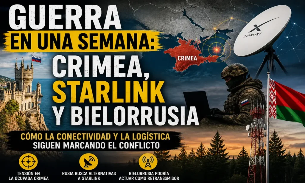 Mapa de Crimea, antena Starlink y torre de comunicaciones en Bielorrusia durante la guerra