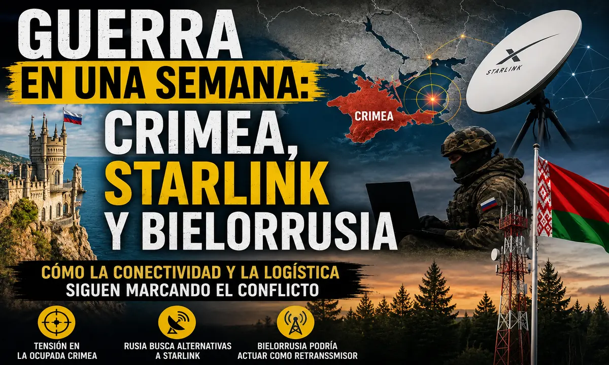 Mapa de Crimea, antena Starlink y torre de comunicaciones en Bielorrusia durante la guerra