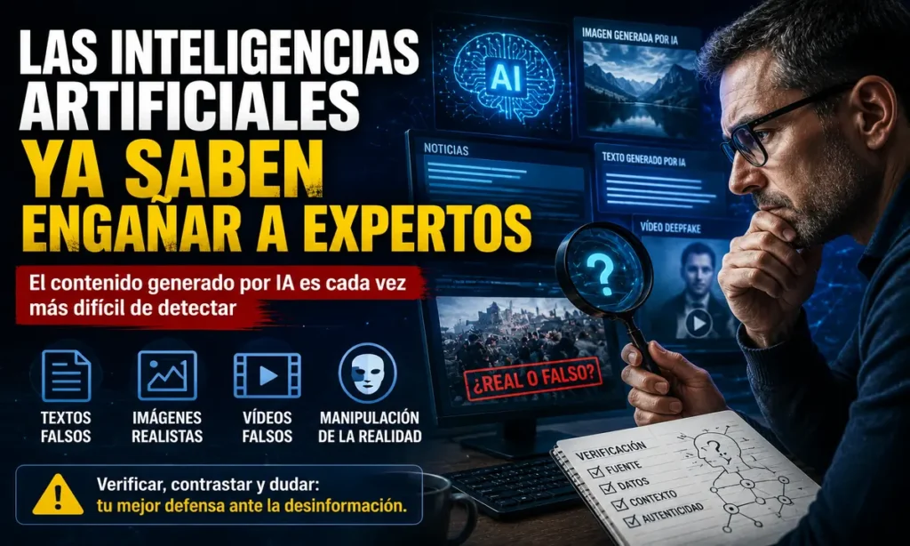 Experto verificando contenido generado por inteligencia artificial en pantallas digitales