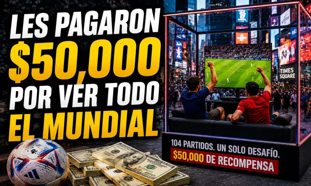 Dos aficionados ven todos los partidos del Mundial en una cabina de cristal en Times Square