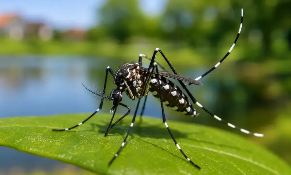 Mosquito tigre sobre una hoja, especie invasora que puede transmitir virus en Ucrania