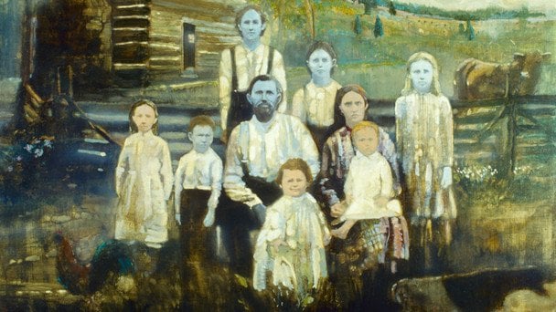 Ilustración de la familia Fugates con piel azul debido a la metahemoglobinemia, anomalía genética hereditaria