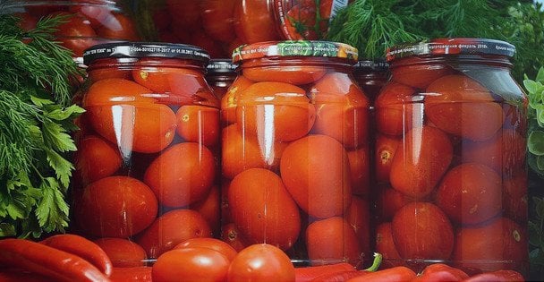 Tomates en escabeche caseros en frascos de vidrio listos para conservar durante el invierno