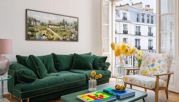 Salón con decoración retro de los años 70 con muebles vintage y colores tierra para inspirar tendencias actuales