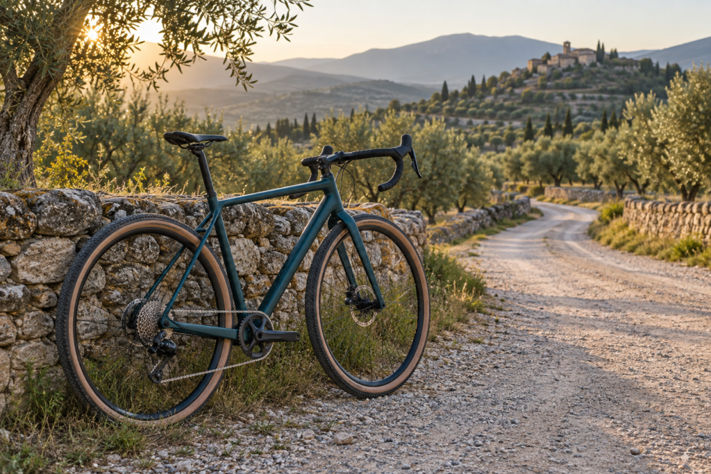 Bicicleta gravel de color verde junto a un camino de tierra en un paisaje mediterráneo