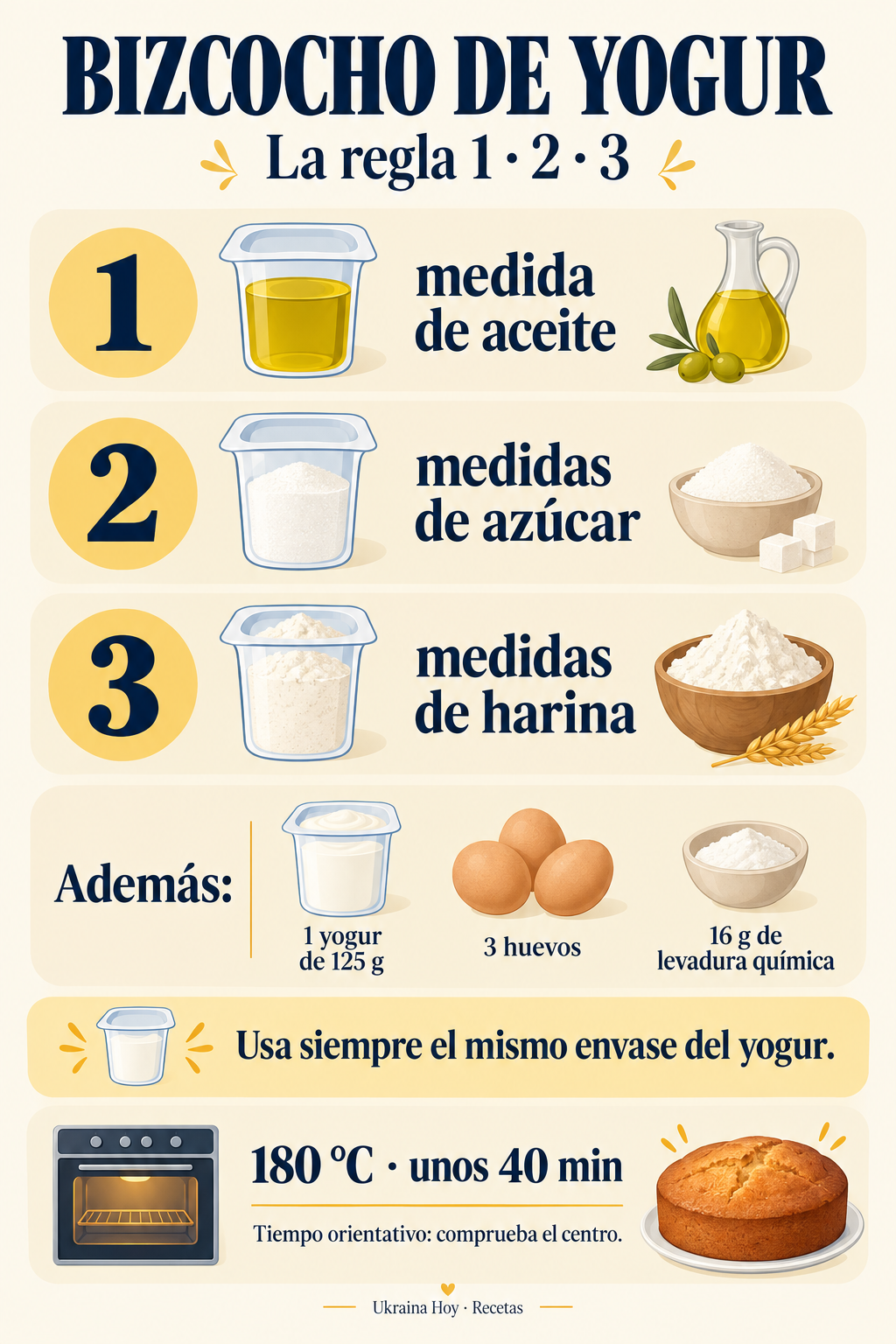 Regla 1-2-3 del bizcocho de yogur: una medida de aceite, dos de azúcar y tres de harina