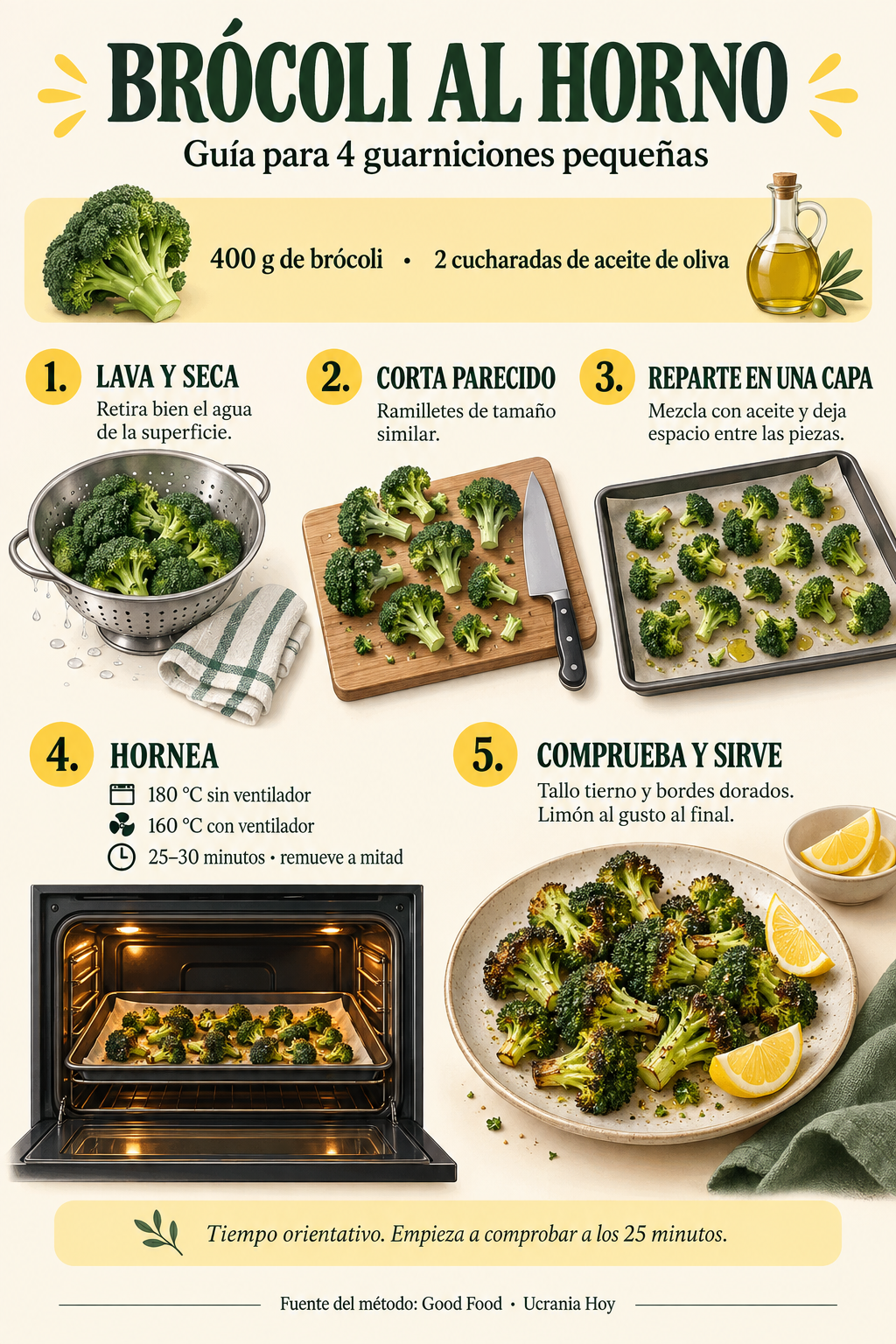 Pasos para preparar brócoli al horno: secar, cortar, repartir y hornear a 180 °C o 160 °C con ventilador durante 25–30 minutos.