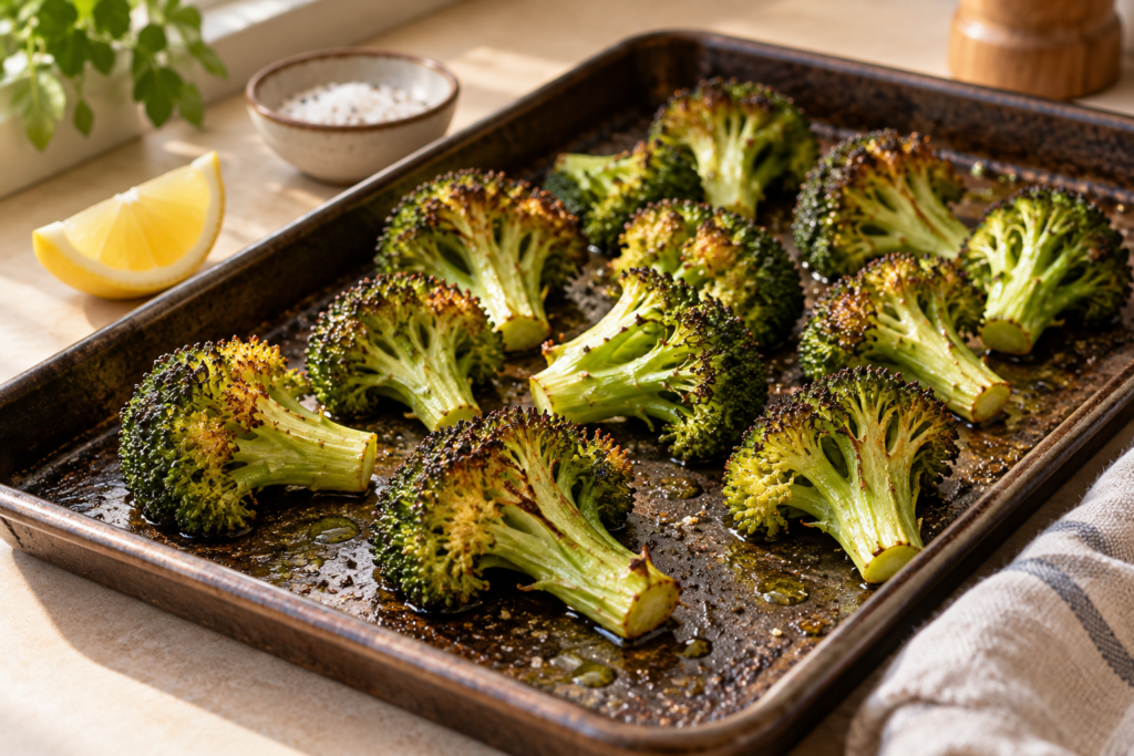 Brócoli al horno con bordes dorados sobre una bandeja