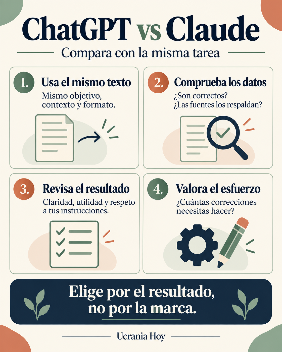 Cuatro pasos para comparar ChatGPT y Claude: misma tarea, comprobación de datos, revisión del resultado y esfuerzo de corrección.