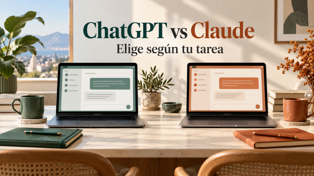 Dos portátiles ilustran la comparación entre ChatGPT y Claude para tareas cotidianas.