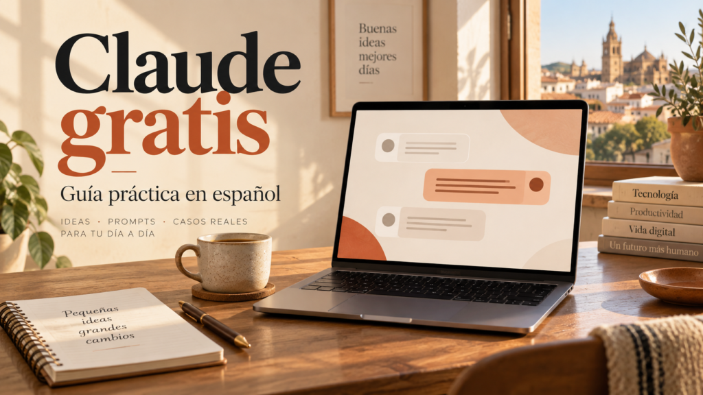 Portada ilustrada de la guía Claude gratis en español, con un portátil sobre un escritorio.