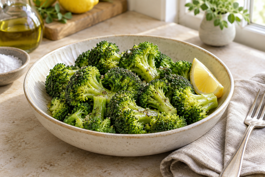 Brócoli cocinado en un plato de cerámica con limón