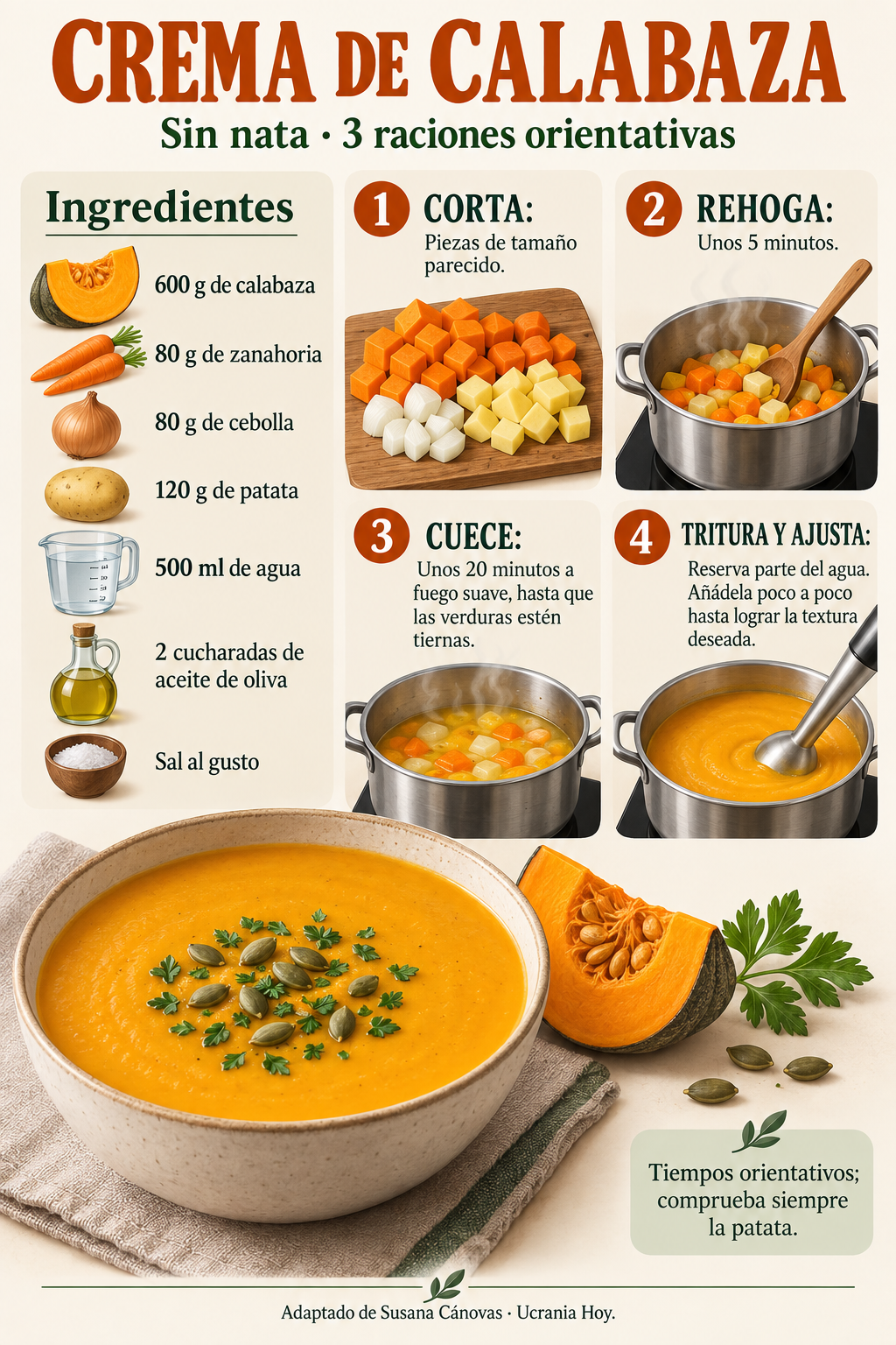 Ingredientes y cuatro pasos para preparar crema de calabaza sin nata y ajustar su textura.