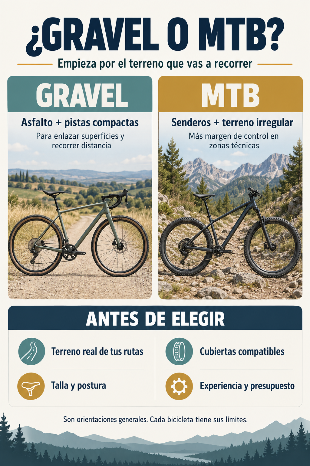 Comparativa visual entre gravel para asfalto y pistas compactas y MTB para senderos y terreno irregular