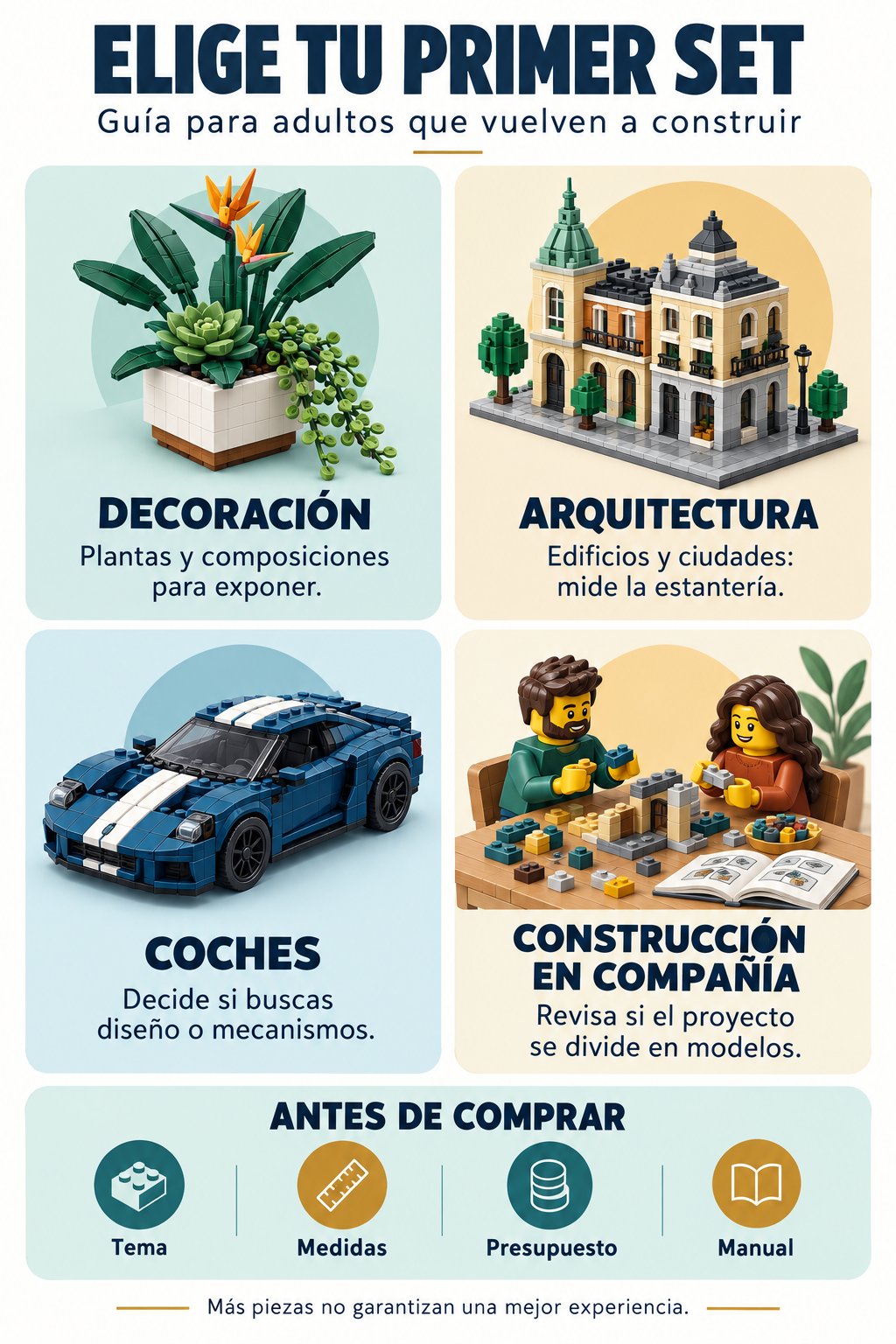 Guía visual para elegir un set de construcción por decoración, arquitectura, coches o montaje en compañía