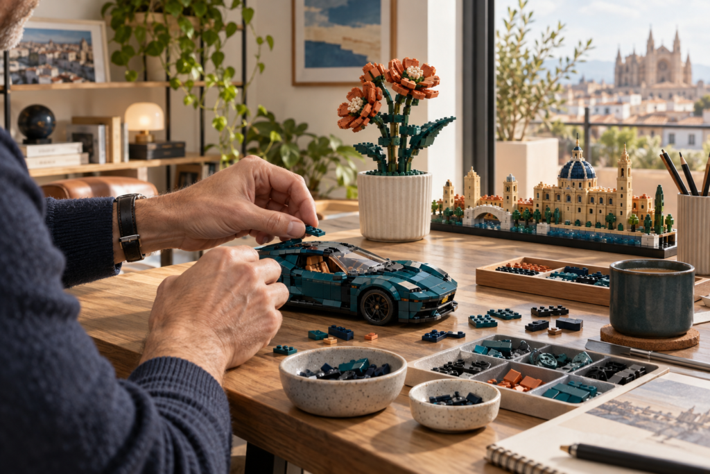 Adulto montando un coche de bloques junto a construcciones de flores y arquitectura