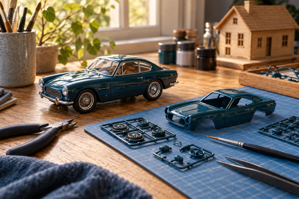 Maqueta de coche junto a piezas, pinceles y herramientas sobre una mesa de modelismo