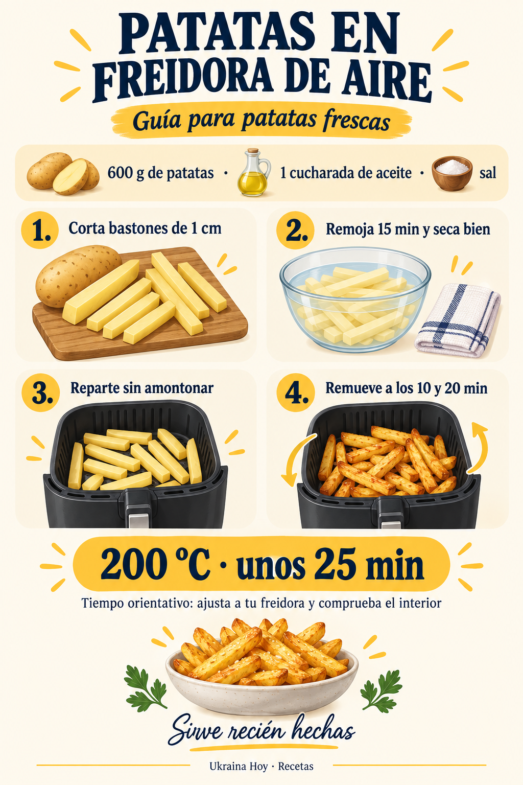 Pasos para hacer patatas frescas en freidora de aire: cortar, remojar, secar y remover