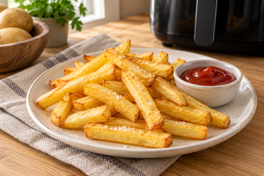 Patatas fritas en freidora de aire, doradas y servidas con salsa aparte