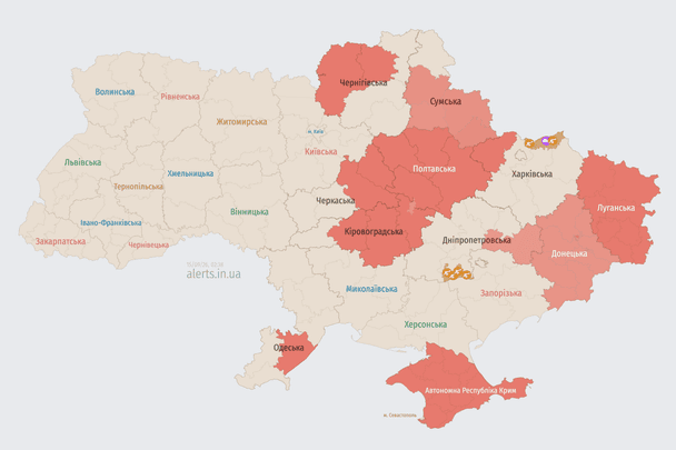 Mapa con trayectorias registradas del ataque de drones contra Ucrania