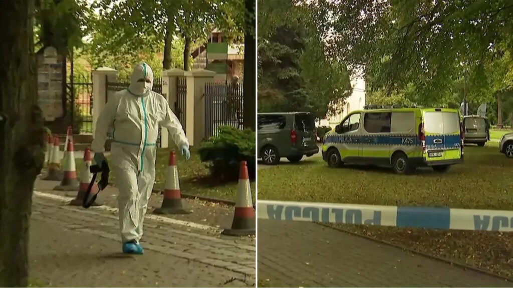 Escena del ataque en monasterio de Polonia con presencia policial investigando el suceso