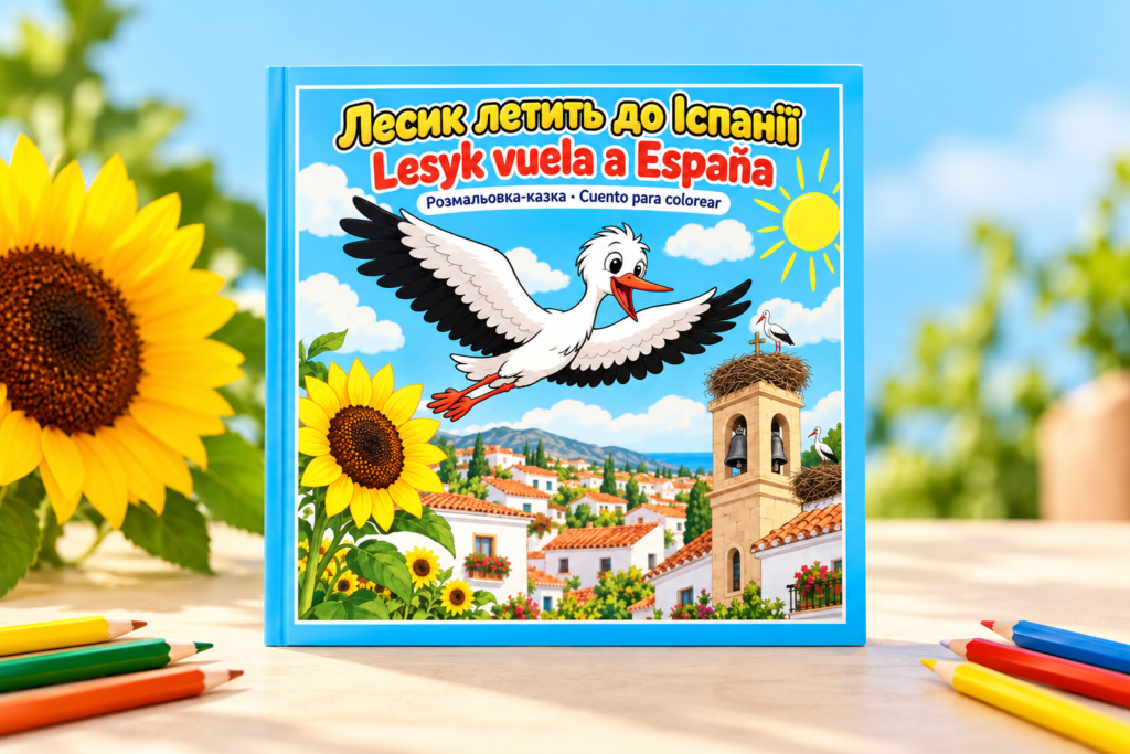Libro Lesyk vuela a España en ucraniano y español junto a lápices de colores