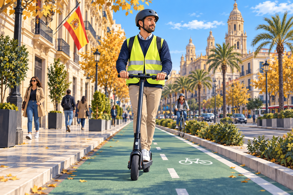 Ilustración de un adulto con casco y chaleco reflectante en un patinete eléctrico por un carril bici en España.